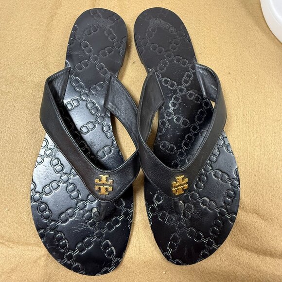 Tory Burch Monroe Black Leather Logo Flip Flops Womens Size 8M Embossed Sole - Picture 3 of 10
